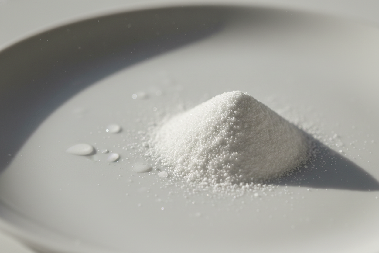 A cinematic, realistic macro background image showing a small, elegant mound of fine white electrolyte powder on a smooth white surface. Soft, natural daylight from one side creates gentle shadows and highlights to show texture. A few subtle water droplets or light mist nearby suggest hydration and freshness. The overall color palette is neutral white and soft gray with a slight mineral shimmer — no bright colors, no clutter. The image should feel minimal, timeless, and premium, leaving plenty of clean spac